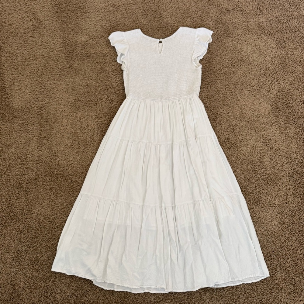 Merokeety White Tiered Midi Dress Smocked Bodice Flutter Sleeve Medium - Picture 4 of 6